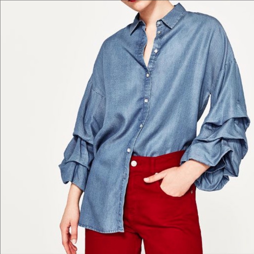 ZARA puffed ruffle sleeves chambray shirt